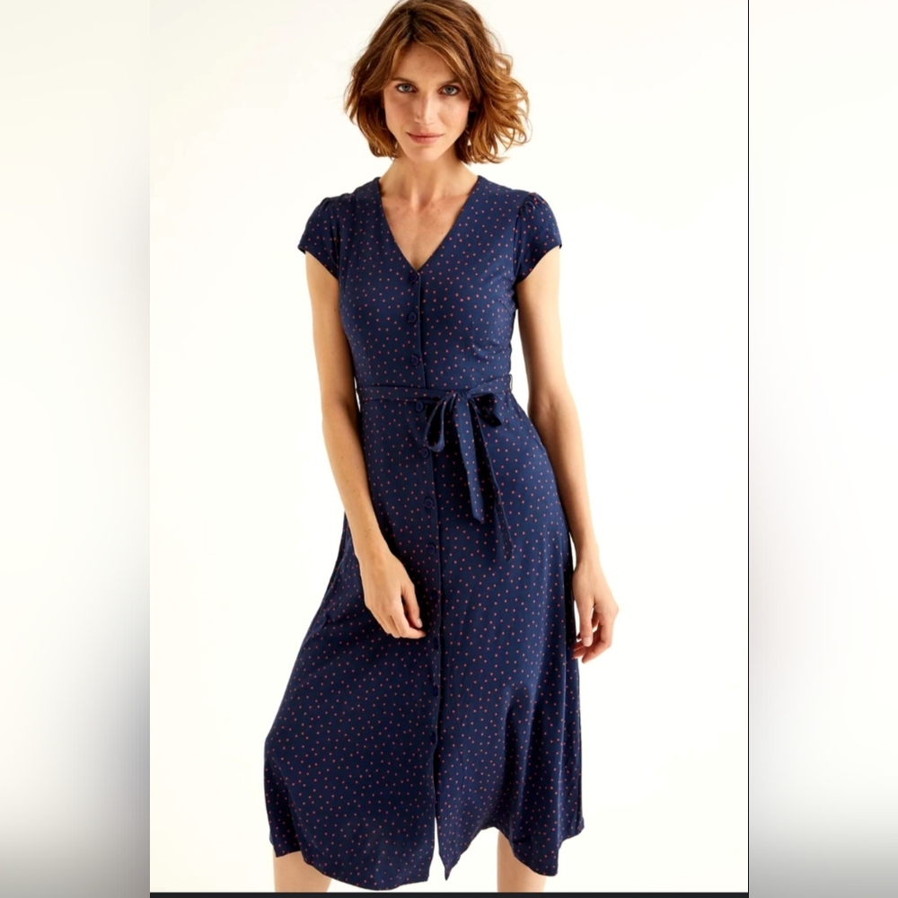 Boden Navy Blue Midi Dress with Red Dots
